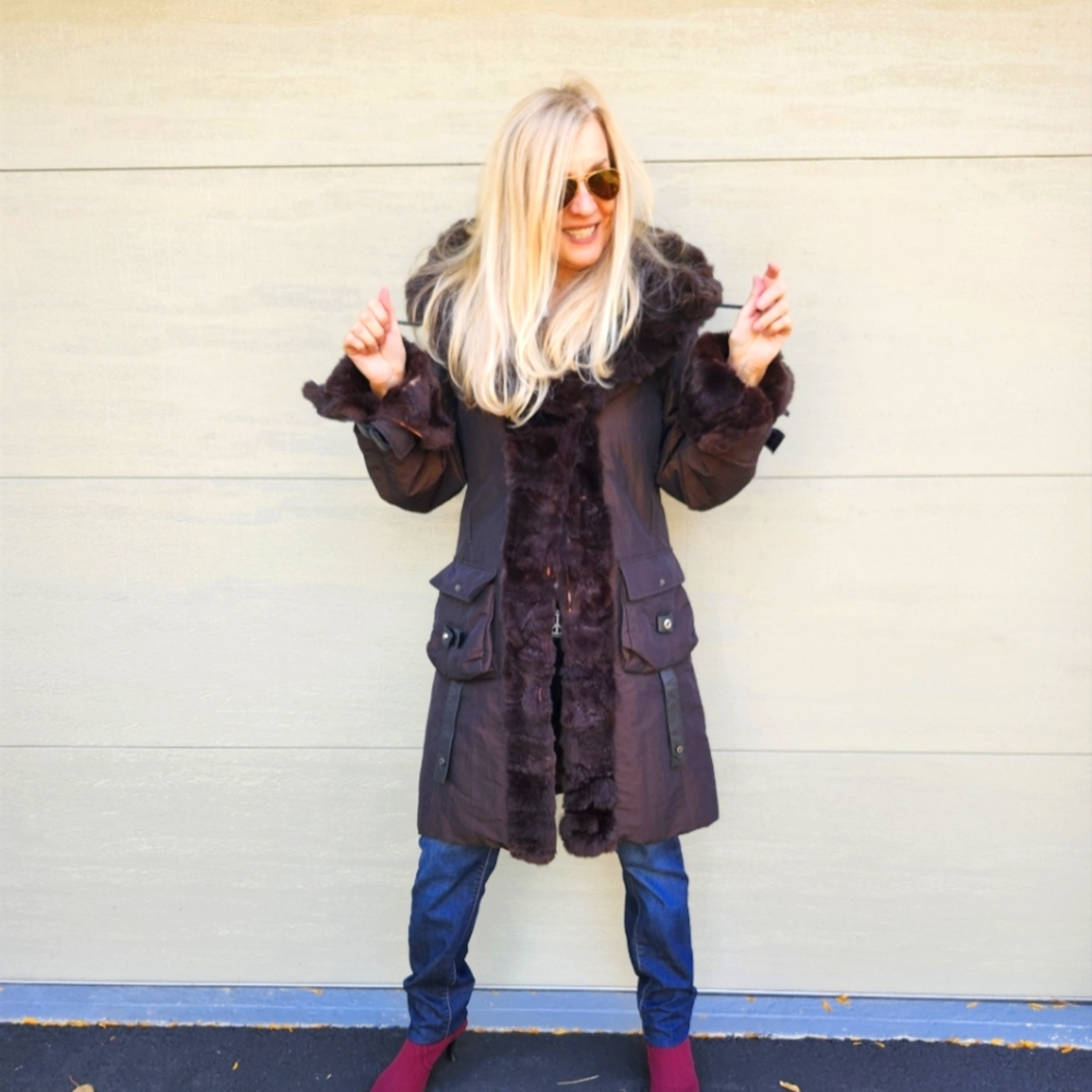 Vintage Bugatteli Brown Rex Rabbit Trimmed Fashion Coat, Medium, $75